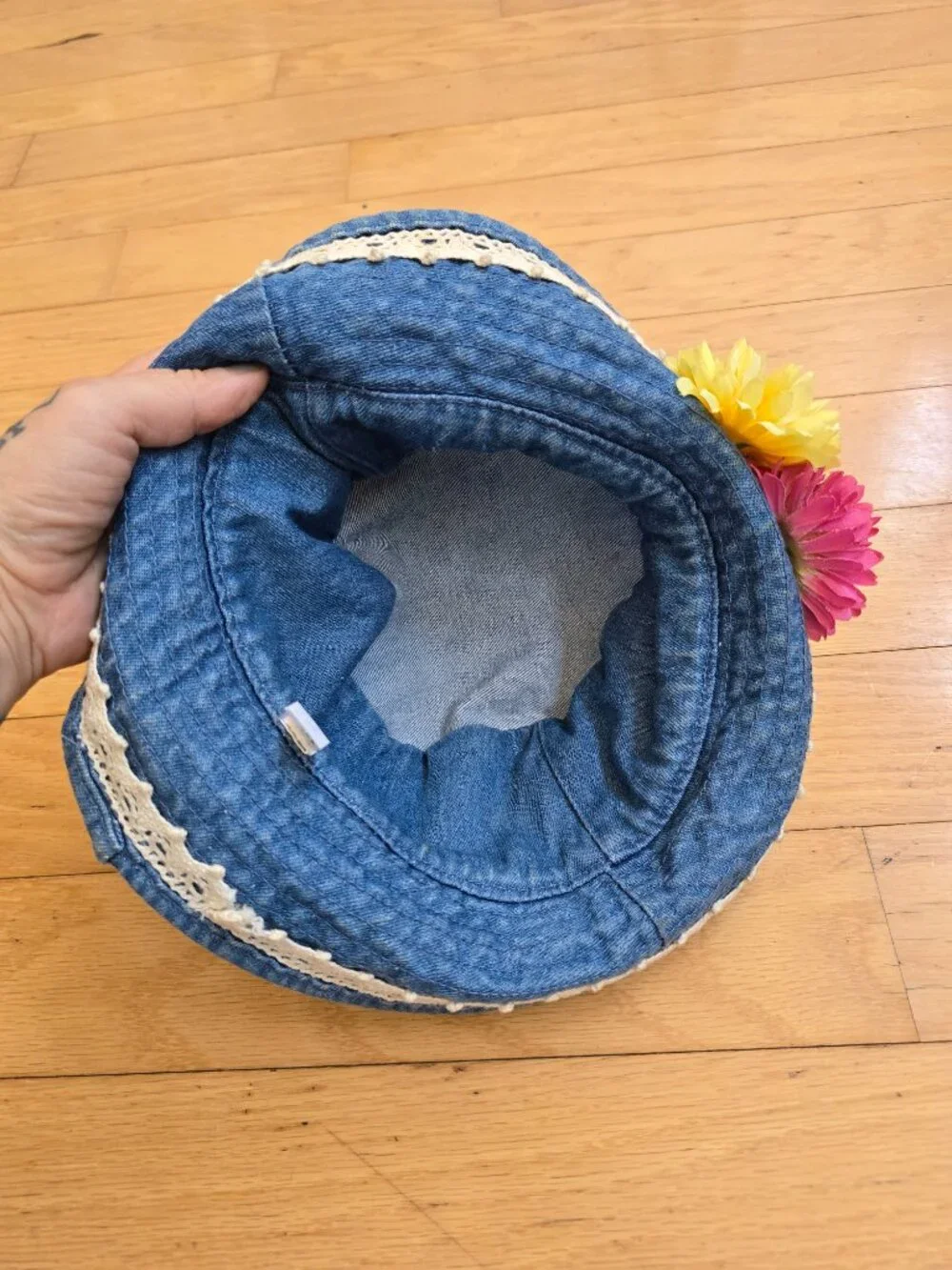 Vintage 90s Blossom Denim Bucket Hat with Crochet Lace & Faux Flowers
